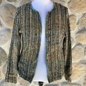 Handwoven artisan jacket in green blue brown earth tones Art to Wear cardigan
